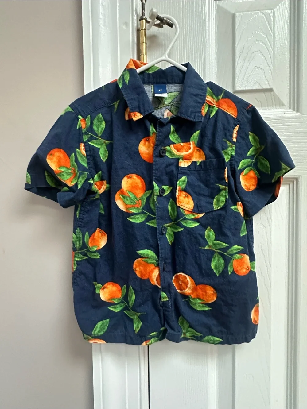Old Navy Navy Short Sleeve Shirt with Orange & Green Citrus Print